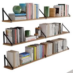 three bookshelves with various types of books on them