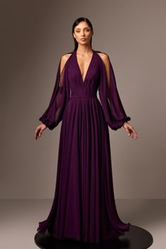 Crepe georgette pleated dress – HerTrove Plunging Neckline Dress Formal, Deep Purple Formal Dress, Tulle Gown With Sleeves, Purple Dress Classy, Revenge Dresses, Purple Dress Formal, Autumn Long Dress, Bridesmaid Dresses Purple, Royal Purple Dress