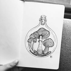 a drawing of mushrooms in a bottle with a crown on its head is held up to the camera