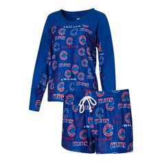 Relax and enjoy a great Chicago Cubs game from home with this Breakthrough Long Sleeve V-Neck T-Shirt & Shorts Sleep Set from Concepts Sport. Both pieces feature a bold, allover Chicago Cubs print with unmistakable team graphics. In addition, dropped shoulders on the tee increase your arm room, while the elastic waistband on the shorts creates a comfortable fit. Flannel Shorts, Sleep Set, Sleepwear & Loungewear, Knitted Tshirt, T Shirt And Shorts, Shirt And Pants, Chicago Cubs, Racerback Tank Top, Pajamas Women