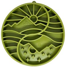 a green plate with mountains and stars on it