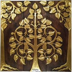 an intricately designed wooden panel with gold leaf designs