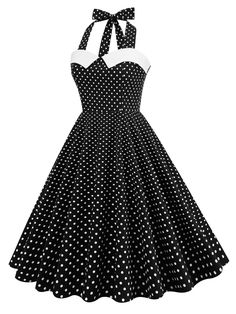 Stand out with this Vintage Evening Dress!

 This vintage cotton evening dress is a real stunner. The polka dot cut is very feminine and bold, and it is flared to emphasize the waist. The halter neck gives it a distinguished look while the open back highlights your cleavage. The finishing touch to this elegant look is the swing that enhances the skirt while the short sleeves on the shoulders are perfect for summer. This dress is a unique piece that will match your style, whatever it may be!

 ✂ DRESS DETAILS



 Pin-Up Dress

 Hand washable

 Sleeveless




 Material: Cotton




 Collar type: Sweetheart neck



 Free Shipping




 ✂ SIZE GUIDE

 For this Vintage Evening Dress, our seamstress advises you to take your usual size.

 If necessary, refer to this table corresponding to the dime Polka Dot Dresses For Vintage Fashion, Vintage Fashion Polka Dot Dresses, Retro Halter Neck Party Dress, Polka Dot Halter Neck Dress, Retro Polka Dot Dress For Evening, Retro Polka Dot Evening Dress, Halter Neck Dresses, 50 Style Dresses, Vintage Evening Dress