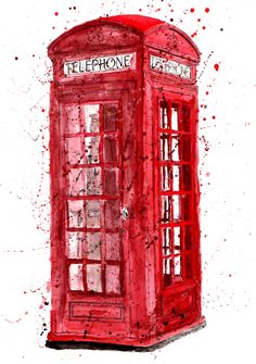 a watercolor painting of a red phone booth with the word telephone written on it