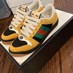 Men’s Gucci Sneakers 4.5 Fits Women 8.5-9 Brand New W Box , Dust Bags, Cards **** I Am A Size 8 In Women’s - Purchased The Men’s Equivalent. They Run Slightly Big On My Feet These Would Better A Fit A Size 8.5. ***** Gucci Yellow Sneakers With Round Toe, Yellow Gucci Sneakers With Branded Insole, Gucci Black Sneakers With Contrast Sole, Gucci Custom Sneakers With Rubber Sole For Streetwear, Gucci Low-top Custom Sneakers For Streetwear, Gucci High-top Leather Sole Sneakers, Gucci High-top Sneakers With Leather Sole, Gucci High-top Custom Sneakers With Contrast Sole, Gucci Custom High-top Sneakers With Contrast Sole