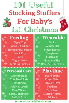 the christmas stocking stuff list for baby's first christmas party is shown in red, green and white