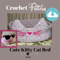 the crochet kitty cat bed is shown with an image of it's face