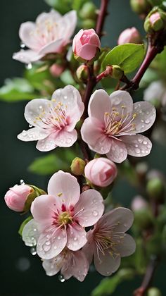 some pink flowers with water droplets on them