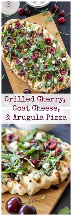 grilled cherry, goat cheese and arugula pizza on a wooden cutting board