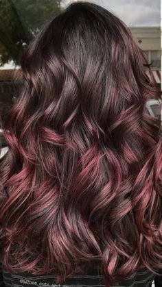 Red Velvet Balayage Hair, Reddish Purple Balayage, Plum And Blonde Highlights, Colored Fall Hair, Berry Balayage Hair, Wine Baylage Hair, Burgundy Underneath Hair Brown, Rose Gold Underneath Hair Brunette, Dark Brown Hair With Red Peekaboos