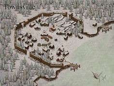 a map of towns in the snow with trees and buildings on it, including a small village