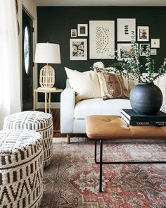 a living room filled with lots of furniture and pictures on the wall above it's coffee table