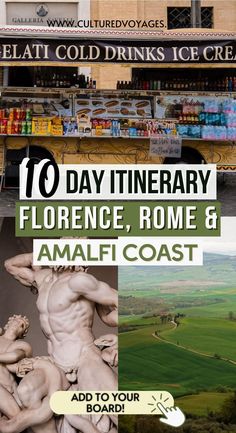 the front cover of an ice cream shop, with text overlaying it that reads 10 day itinerary, fiorence, rome and amalf coast