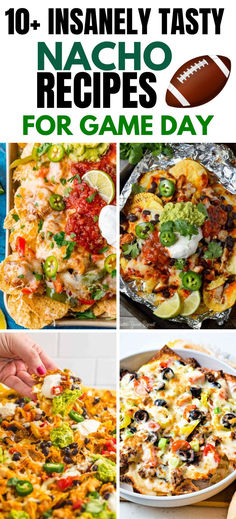 Photo collage of nachos. Football Nachos, Game Day Nachos Football Season, Game Day Nachos, Nachos Recipe Easy, Fall Party Food, Homemade Appetizer, Football Snacks, Appetizers Easy Finger Food