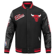 the chicago bulls black and red leather jacket with embroidered logos on the front, two side panels