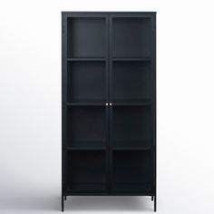 an empty black bookcase on a white background