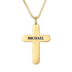 Luxury has never been so affordable… An impressive 23kt gold-plated cross pendant featuring YOUR name engraved on the back, so it's unique to you. The centerpiece of the pendant is a circular grid set with 6 genuine diamonds for a brilliant shine — another 10 genuine diamonds decorate the surrounding platinum-plated perimeter of the cross for a grand total of 16 genuine diamonds! The inner surface area of the pendant features a raised, gold-plated watch band pattern that adds depth to this maste Classic Engraved Cross Jewelry, Classic Engraved Crucifix Jewelry, Engraved Yellow Gold Cross Pendant Necklace, Classic Engraved Cross Pendant Necklace, Engraved Yellow Gold Cross Necklace, Classic Engraved Crucifix Cross Necklace, Classic Engraved Cross Pendant Jewelry, Classic Cross Pendant Necklace For Anniversary, Engraved Cross Pendant Jewelry For Anniversary