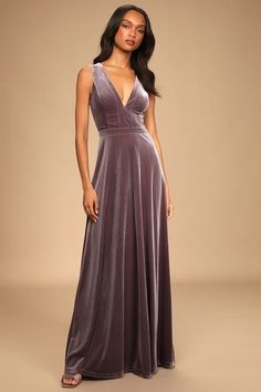 Lovely Dusty Purple Dress - Velvet Maxi Dress - Sleeveless Dress - Lulus Fall Bridesmaid Dresses With Shawl, Dark Mauve Velvet Bridesmaid Dress, Dark Purple Dress Wedding Guest, Mauve Purple Dress, Dusty Pink And Purple Wedding, Dusty Purple Prom Dress, Velvet Dress Purple, Lavender Velvet Dress, Lilac Formal Dresses