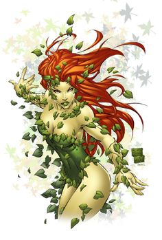 a woman with red hair and green leaves on her body