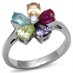 a ring with four different colored stones on it's center and two diamonds in the middle