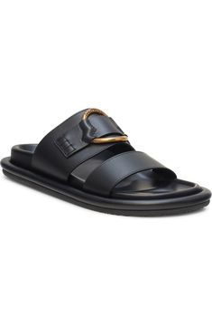 Formal Leather Slides, Formal Leather Footbed Slides, Formal Slides With Leather Footbed, Modern Mules With Tang Buckle And Round Toe, Leather Slide Mules With Tang Buckle, Classic Leather Slides With Single Toe Strap, Elegant Leather Slides With Buckle Closure, Modern Calf Leather Sandals With Cushioned Footbed, Designer Leather Slides With Single Toe Strap