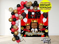 a photo frame with balloons and an image of two black babies in crowns on it