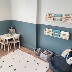 a child's playroom with blue walls and white rugs on the floor