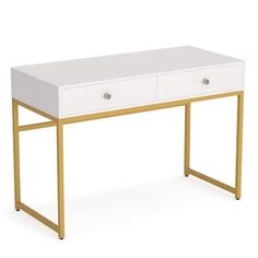 Enhance your workspace aesthetics with our 2-Drawer Home Office Computer Desk. Designed with attractive golden metal legs and a clean, minimalist design, this writing desk effortlessly blends with different interior styles, making it a perfect addition to your home office or bedroom. It features a generously sized 21.65 in. wide desktop, providing an ample working space for gaming, computer tasks, studying and more. The desk comes equipped with two spacious drawers, each measuring 22.8 in. in le Preppy Desk, Under Tv, Gold Desk, Home Office Computer Desk, Laminated Mdf, College Room, Storing Books, Office Computer Desk, Office Computer