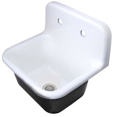 a white sink sitting on top of a black stand next to a faucet