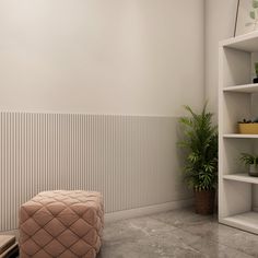 a room that has some plants on the shelves and a bench in front of it