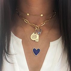 Heart, Disc, Tag Faux Diamond Charm Necklace Yellow Gold Plated 18" Length Bar 1'' Enamel heart 0.75'' Disc 0.75'' Charm Necklace Ideas, Necklace Stacks, Charms For Necklaces, Xo Necklace, Charm Bar, Diamond Outline, Diamond Charm Necklace, Star Choker, Heart Disc