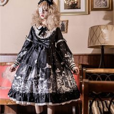 Y2K Gothic Print Bow Ruffle Doll Collar Lolita Dress Channel your inner gothic princess with our Y2K Gothic Print Bow Ruffle Doll Collar Lolita Dress. The elegant bow and ruffled collar add a touch of sophistication to the edgy print, making you stand out from the crowd. Perfect for any alternative fashion lover looking to make a statement. Size Info. S: Bust 84 cm. Length 92 cm. Sleeve 62 cm M: Bust 88 cm. Length 92 cm. Sleeve 62 cm L: Bust 92 cm. Length 92 cm. Sleeve 62 cm All measurements are approximate and can vary slightly. Please check size info. before order. Gothic Princess, Doll Collar, Maid Dress, Ruffled Collar, Lolita Dress, Gothic Lolita, Kawaii Fashion, Gothic Fashion, Alternative Fashion