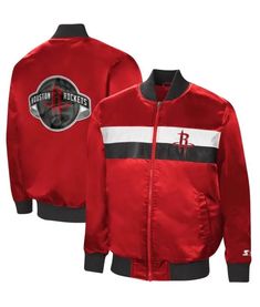 Ambassador Houston Rockets Red Satin Jacket Casual Red Outerwear With Ribbed Collar, Red Winter Outerwear With Ribbed Collar, Red Outerwear With Ribbed Cuffs For Fall, Red Long Sleeve Outerwear With Ribbed Cuffs, Red Winter Outerwear With Ribbed Cuffs, Varsity Letterman Jackets, Winter Styles, Satin Jacket, Aviator Jackets