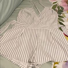 Ladies Playsuit-White Black Stripe .Zipper And Two Self-Tie Bands On The Back Cheap White V-neck Jumpsuits And Rompers, Gingham Jumpsuit, Party Rompers, White Playsuit, Tie Dye Jumpsuit, Cami Romper, Ruffle Jumpsuit, Pink Jumpsuit, Womens Playsuits