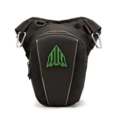 a black and green shoulder bag with an arrow on the front, two straps attached to it