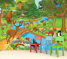 the children's room is filled with animals and plants, including deers in the woods