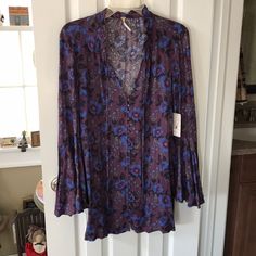 Fabric Buttons, Ruffled Collar, People Dress, My Size, Free People Dresses, Free People Dress, Blue Purple, Bell Sleeves, Blue And Purple