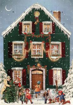 a christmas house is decorated with lights and garlands for the holiday season as well as children playing outside