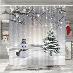 a shower curtain with a snowman next to a christmas tree