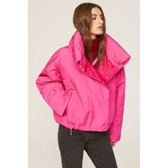 Pink polyester (100% Polyester). Jacket. Long sleeves. Collar. Front button closure. 24" from shoulder to hemline. Imported. Polyester Jacket, Pink Coat, Rent The Runway, Jacket Long, Closet Designs, Puffer Jacket, Bright Pink, Puffer, Athletic Jacket