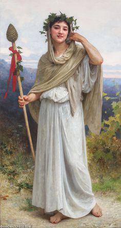 a painting of a woman holding a stick and wearing a wreath on top of her head