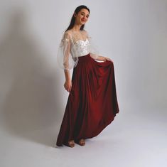 "A floor-length silk skirt is a great choice for wedding or evening wear. The accent of this skirt is a high waist, draped in small pleats. There is a zipper on the back. Silk flowing like a waterfall gives a feeling of lightness and weightlessness. It will perfectly emphasize the femininity of your figure. Model is wearing a 110cm/43.3\" swing skirt Skirt waist height 10 cm / 3.9 inches Select size from table If you need a custom color, please contact us. Handmade skirt Silk skirt | Long skirt | Maxi skirt | Floor Length skirt | High wasted skirt | Plus size skirt |fairy skirt" Silk Skirt Plus Size, Velvet Skirt Long, Maxi Skirt High Waisted, Wedding Guest Skirt, High Wasted Skirt, Adult Tulle Skirt, Red Long Skirt, Prom Skirt, Bridesmaid Skirts