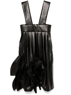 black faux leather rear zip fastening wide shoulder straps two side inset pockets pleat detailing ruffled detailing unlined straight hem Skirt With Ruffles, Full Skirts, Yoko London, Exclusive Fashion, Ski Wear, Lady Dior, Comme Des Garcons, Skirt Black, Black Faux Leather