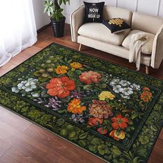 a living room area rug with flowers on it