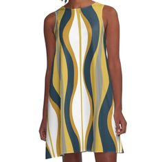 Loose-fit, mid-length sleeveless dress with silky handfeel. Printed on both sides. Machine washable. Size range XS-2XL. Hourglass Abstract Midcentury Modern Pattern in Mustard Yellow, Navy Blue, Grey, and White. Retro 1950s and 60s-style abstract design in contemporary colours. By Kierkegaard Design Studio. White A Line Dress, 60s Style, 60s Fashion, Modern Pattern, Mustard Yellow, Midcentury Modern, Fashion Advice, Mid Length, Abstract Design