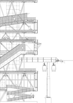 an architectural drawing of the side of a building with stairs and balconies on each floor