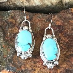 Dry Creek Turquoise Sterling Silver Dangle Earrings by Billy Jaramillo Artisan Turquoise Oval Earrings, Sterling Silver Turquoise Cabochon Earrings, Turquoise Cabochon Drop Earrings, Kid Earrings, Arrow Jewelry, Indian Reservation, Black Arrow, Dry Creek, Native American Artists