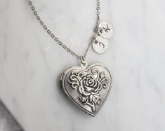 Personalized Vintage style Rose pattern Heart Locket Silver | Etsy Customizable Silver Locket Necklace For Mother's Day, Wedding Heart Charm Locket Necklace, Valentine's Day Gift Locket Necklace For Mom, Double Heart Locket Necklace For Wedding And Mother's Day, Wedding Round Locket Necklace With Heart Charm, Personalized Rose Gold Locket Necklace For Wedding, Double Heart Locket Necklace For Valentine's Day Wedding, Valentine's Day Adjustable Locket Necklace, Engraved Locket Necklace For Mom For Valentine's Day