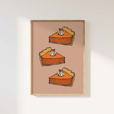 three slices of pie on a pink background framed in wooden frame with white wall and floor