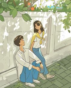 Our beloved summer 🧡💙💚 Korean Drama Wallpaper, Drama Wallpaper, Cute Couple Drawings, Couple Illustration, Cute Couple Cartoon